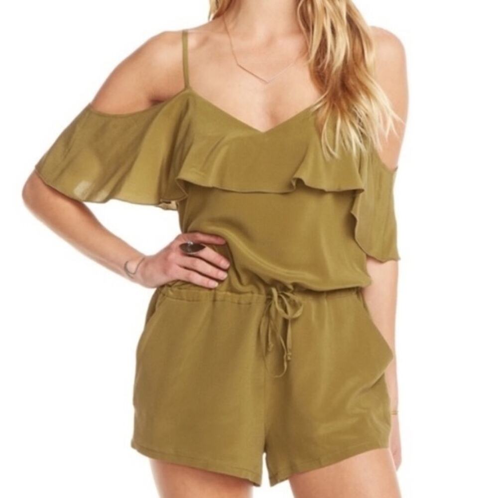 NWT Chaser Off Shoulder Silk Ruffle Romper - Olive Green Size M